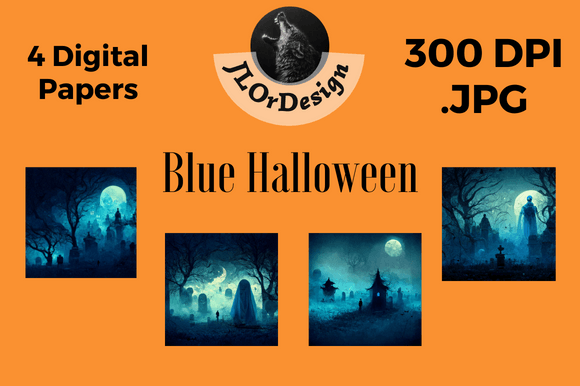 Stylish Spook: 4 Blue Halloween Digital Papers for Creative Projects